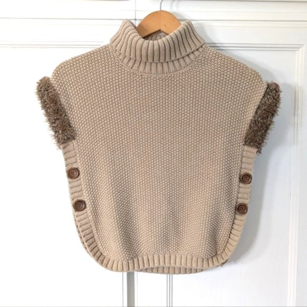 Aspen Kids Cotton Blend Turtleneck Knit Poncho Sweater‎ Faux Fur Sleeveless M7/8